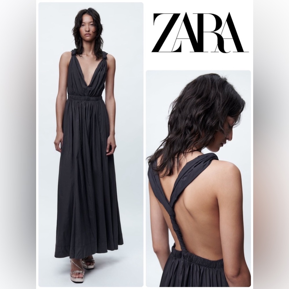 Zara Black Plunging Backless Maxi Dress
